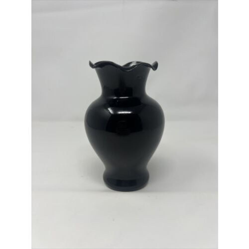 Black Deep Red/Purple Glass Vase Ruffle Top 6” Tall